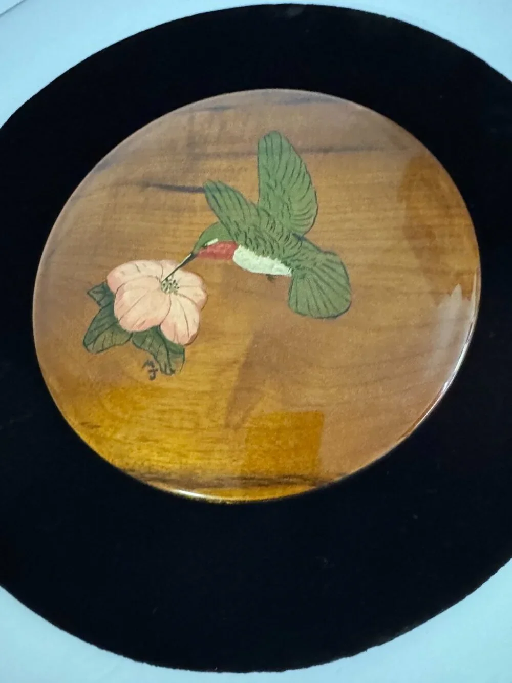 Vintage Myrtlewood Art Panel Plaque Hummigbird and Flower